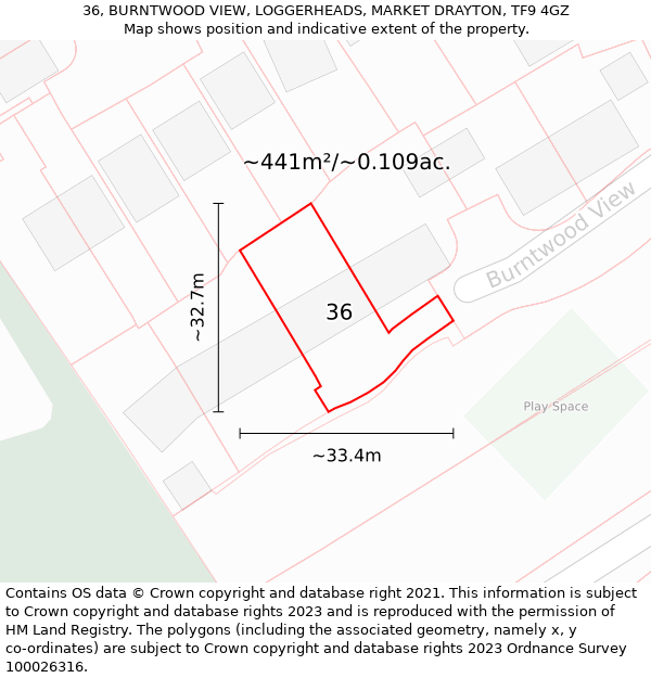 36, BURNTWOOD VIEW, LOGGERHEADS, MARKET DRAYTON, TF9 4GZ: Plot and title map