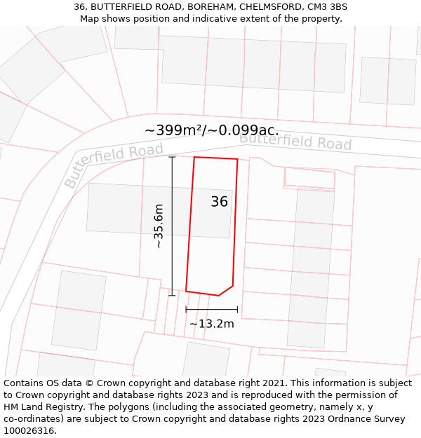 36, BUTTERFIELD ROAD, BOREHAM, CHELMSFORD, CM3 3BS: Plot and title map