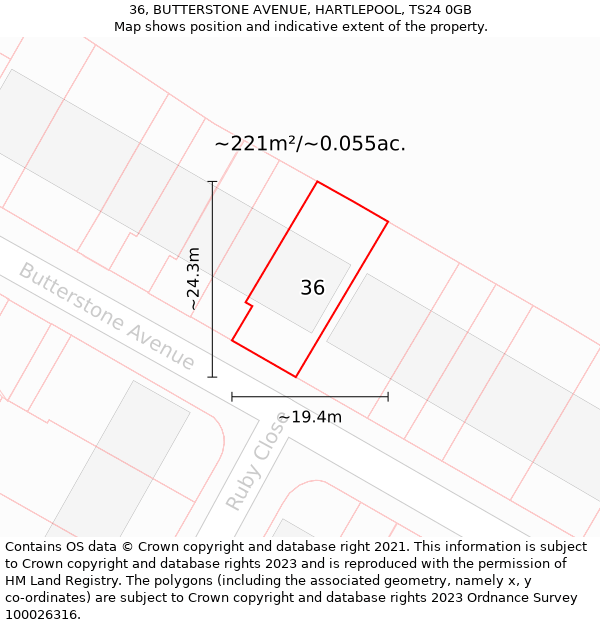 36, BUTTERSTONE AVENUE, HARTLEPOOL, TS24 0GB: Plot and title map