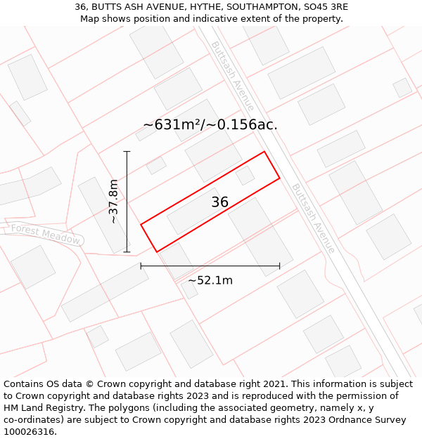 36, BUTTS ASH AVENUE, HYTHE, SOUTHAMPTON, SO45 3RE: Plot and title map