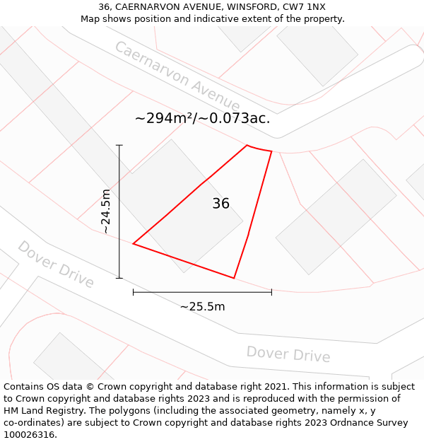 36, CAERNARVON AVENUE, WINSFORD, CW7 1NX: Plot and title map