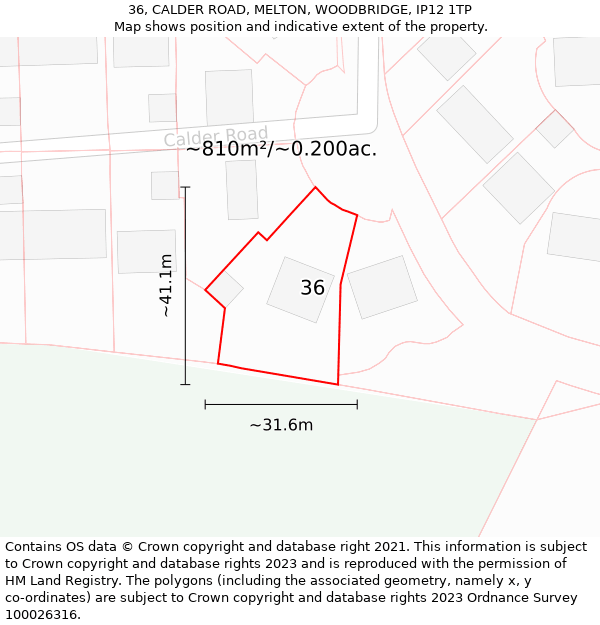 36, CALDER ROAD, MELTON, WOODBRIDGE, IP12 1TP: Plot and title map