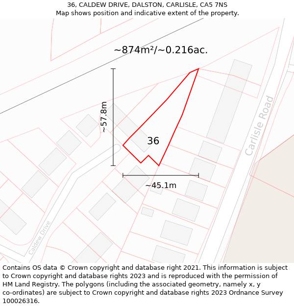 36, CALDEW DRIVE, DALSTON, CARLISLE, CA5 7NS: Plot and title map