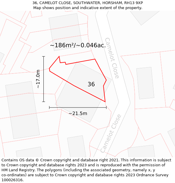 36, CAMELOT CLOSE, SOUTHWATER, HORSHAM, RH13 9XP: Plot and title map