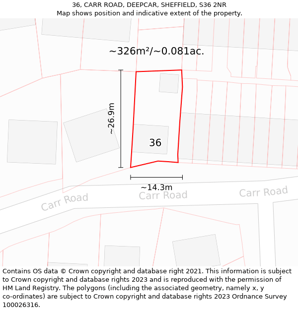 36, CARR ROAD, DEEPCAR, SHEFFIELD, S36 2NR: Plot and title map