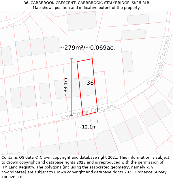 36, CARRBROOK CRESCENT, CARRBROOK, STALYBRIDGE, SK15 3LR: Plot and title map