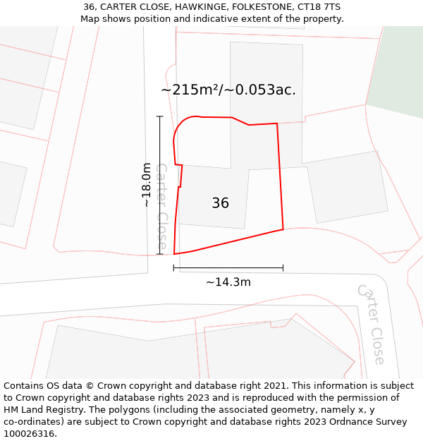 36, CARTER CLOSE, HAWKINGE, FOLKESTONE, CT18 7TS: Plot and title map