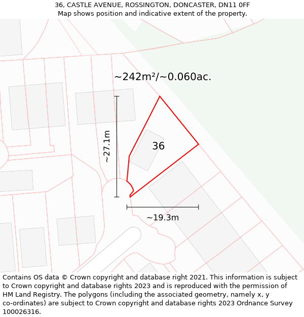 36, CASTLE AVENUE, ROSSINGTON, DONCASTER, DN11 0FF: Plot and title map