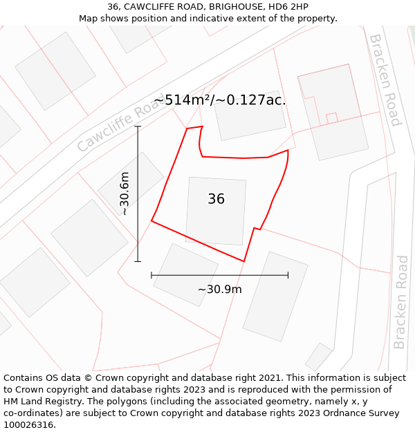 36, CAWCLIFFE ROAD, BRIGHOUSE, HD6 2HP: Plot and title map