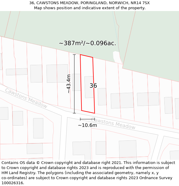 36, CAWSTONS MEADOW, PORINGLAND, NORWICH, NR14 7SX: Plot and title map