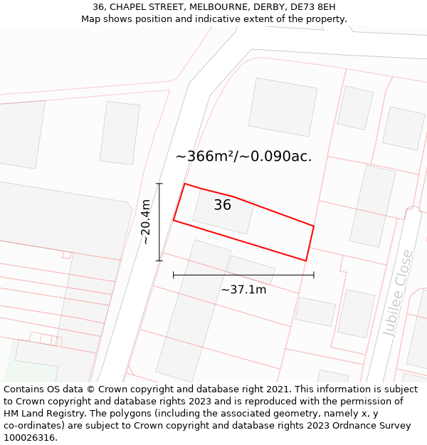 36, CHAPEL STREET, MELBOURNE, DERBY, DE73 8EH: Plot and title map