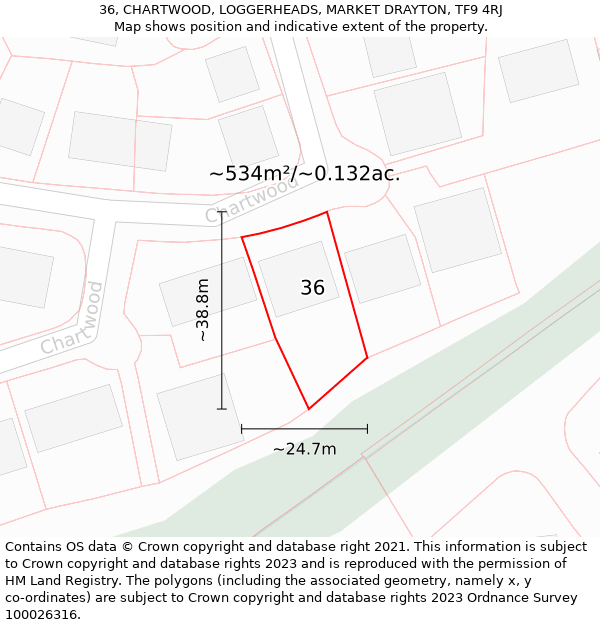 36, CHARTWOOD, LOGGERHEADS, MARKET DRAYTON, TF9 4RJ: Plot and title map