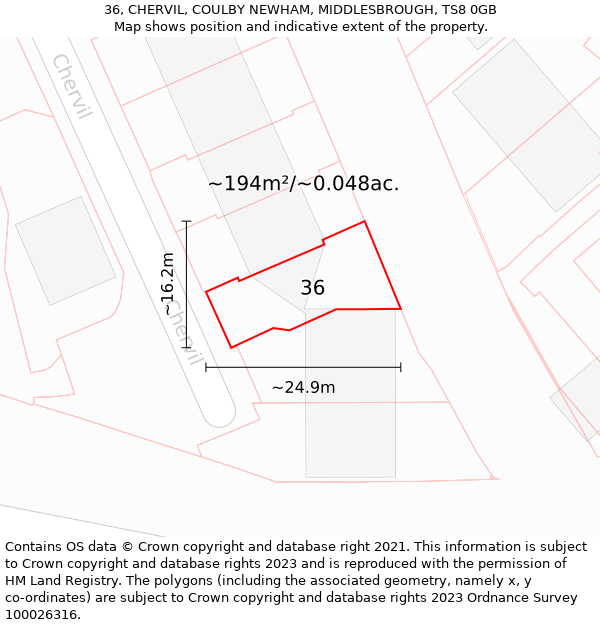 36, CHERVIL, COULBY NEWHAM, MIDDLESBROUGH, TS8 0GB: Plot and title map