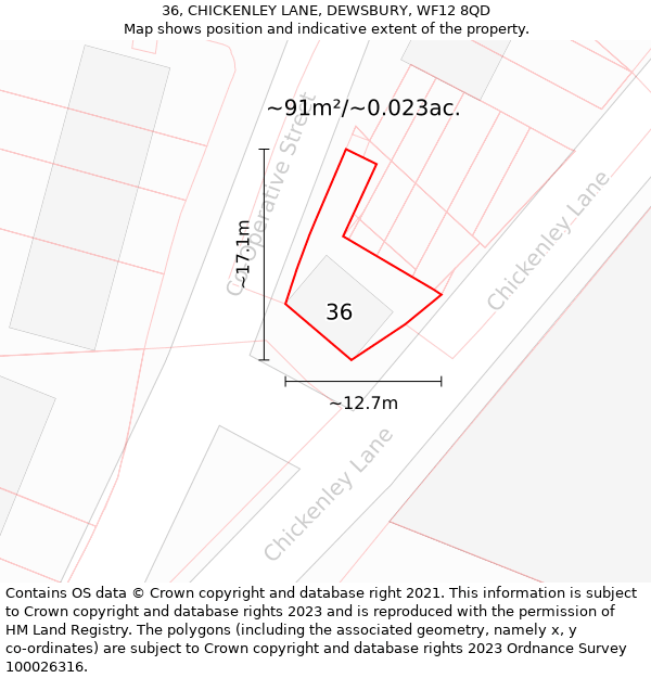 36, CHICKENLEY LANE, DEWSBURY, WF12 8QD: Plot and title map