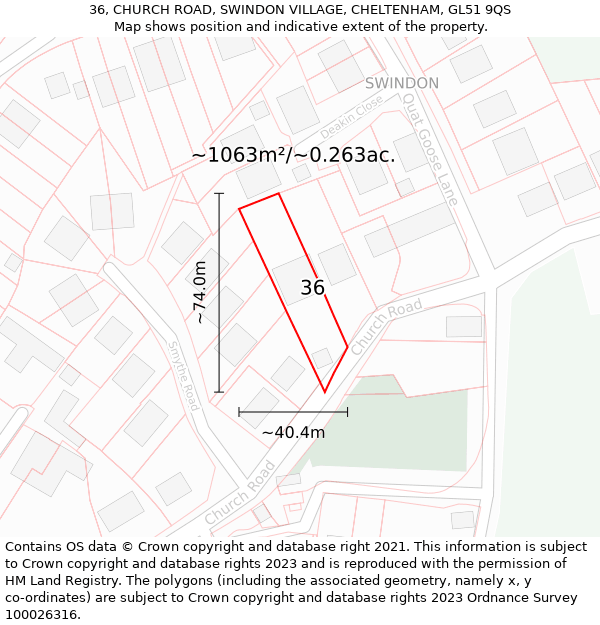 36, CHURCH ROAD, SWINDON VILLAGE, CHELTENHAM, GL51 9QS: Plot and title map