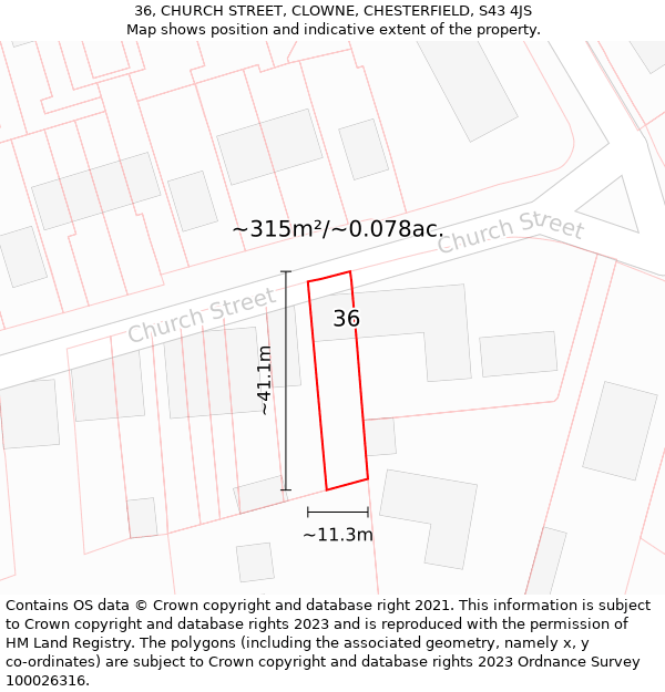 36, CHURCH STREET, CLOWNE, CHESTERFIELD, S43 4JS: Plot and title map