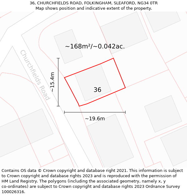 36, CHURCHFIELDS ROAD, FOLKINGHAM, SLEAFORD, NG34 0TR: Plot and title map