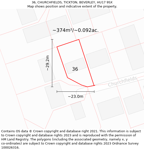 36, CHURCHFIELDS, TICKTON, BEVERLEY, HU17 9SX: Plot and title map