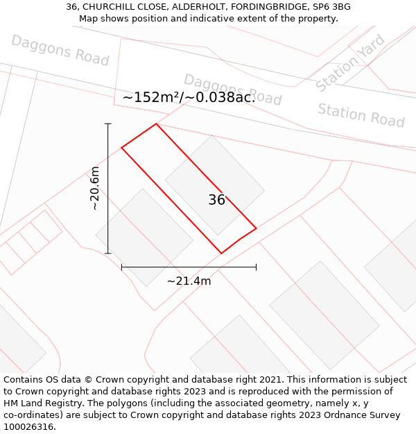 36, CHURCHILL CLOSE, ALDERHOLT, FORDINGBRIDGE, SP6 3BG: Plot and title map