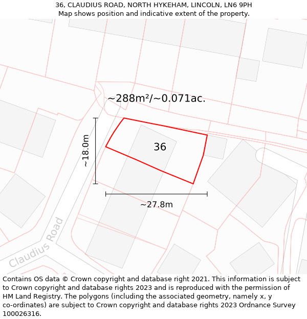 36, CLAUDIUS ROAD, NORTH HYKEHAM, LINCOLN, LN6 9PH: Plot and title map