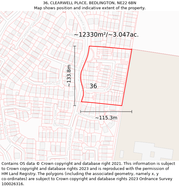 36, CLEARWELL PLACE, BEDLINGTON, NE22 6BN: Plot and title map