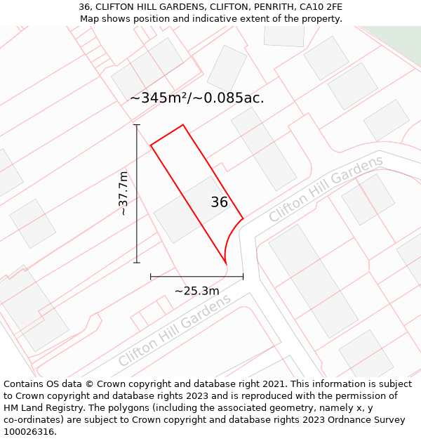 36, CLIFTON HILL GARDENS, CLIFTON, PENRITH, CA10 2FE: Plot and title map