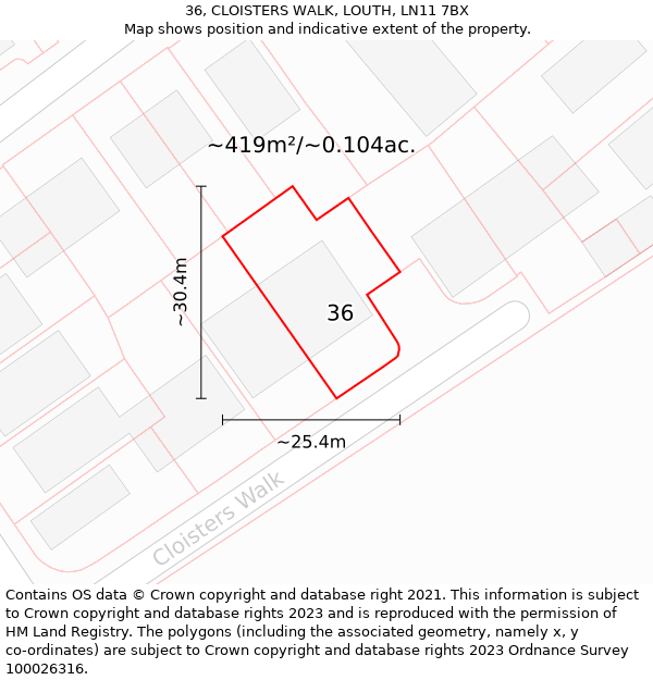 36, CLOISTERS WALK, LOUTH, LN11 7BX: Plot and title map