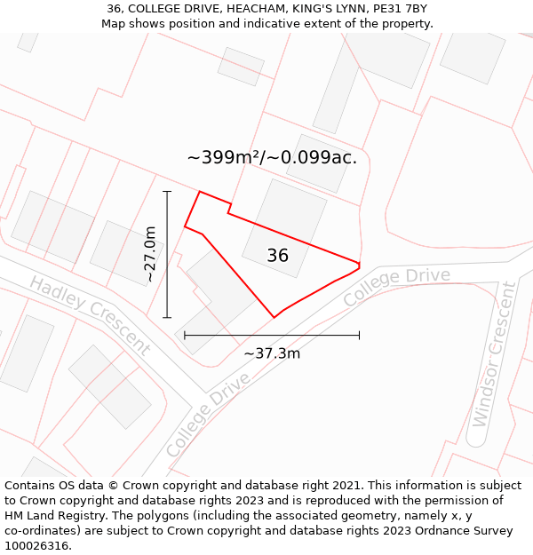 36, COLLEGE DRIVE, HEACHAM, KING'S LYNN, PE31 7BY: Plot and title map