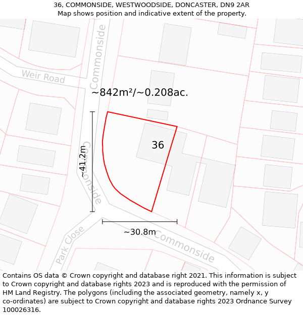 36, COMMONSIDE, WESTWOODSIDE, DONCASTER, DN9 2AR: Plot and title map