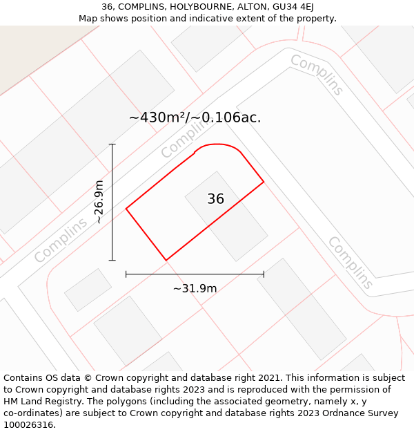 36, COMPLINS, HOLYBOURNE, ALTON, GU34 4EJ: Plot and title map