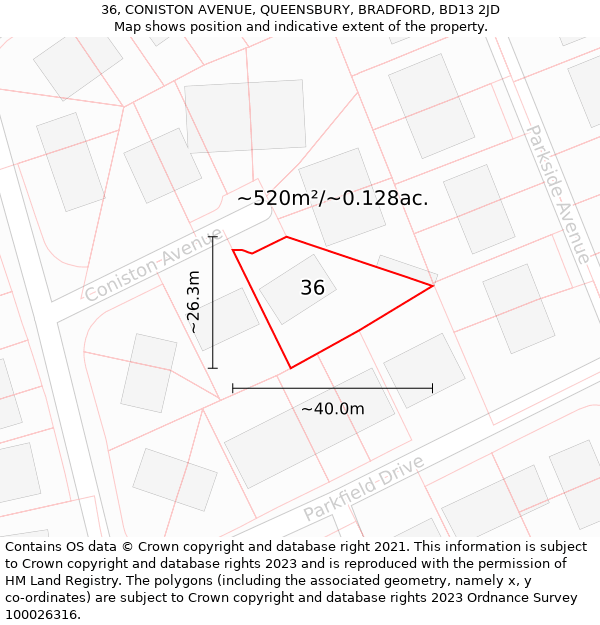 36, CONISTON AVENUE, QUEENSBURY, BRADFORD, BD13 2JD: Plot and title map