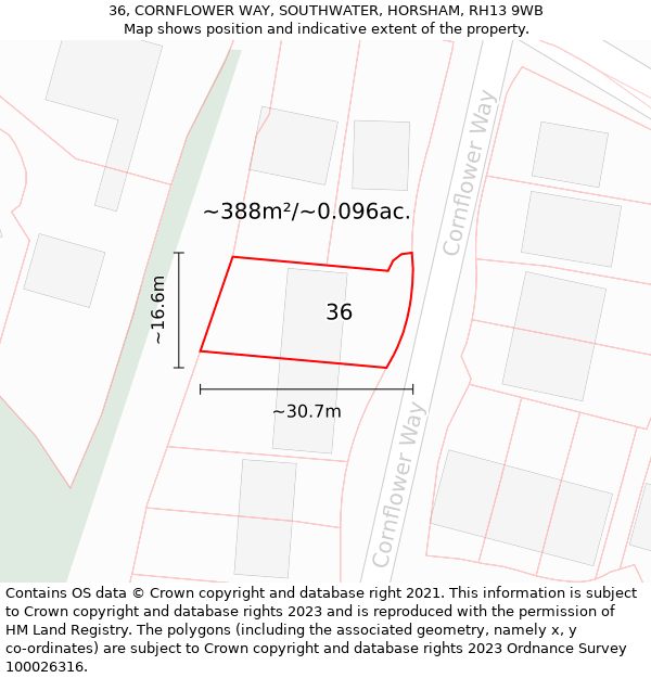 36, CORNFLOWER WAY, SOUTHWATER, HORSHAM, RH13 9WB: Plot and title map