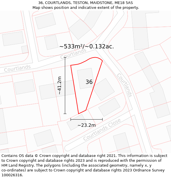 36, COURTLANDS, TESTON, MAIDSTONE, ME18 5AS: Plot and title map