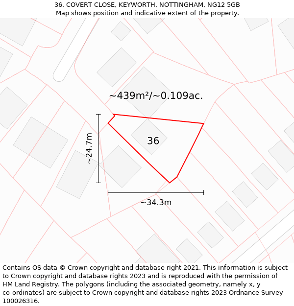 36, COVERT CLOSE, KEYWORTH, NOTTINGHAM, NG12 5GB: Plot and title map