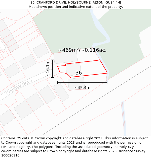36, CRANFORD DRIVE, HOLYBOURNE, ALTON, GU34 4HJ: Plot and title map