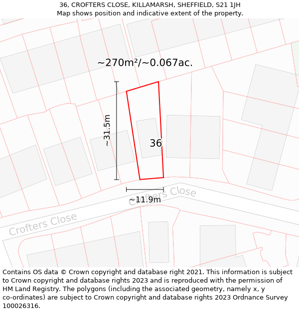 36, CROFTERS CLOSE, KILLAMARSH, SHEFFIELD, S21 1JH: Plot and title map