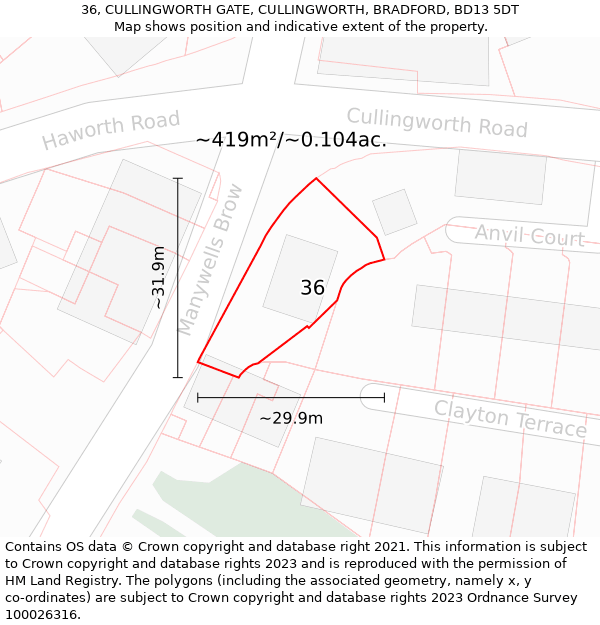 36, CULLINGWORTH GATE, CULLINGWORTH, BRADFORD, BD13 5DT: Plot and title map