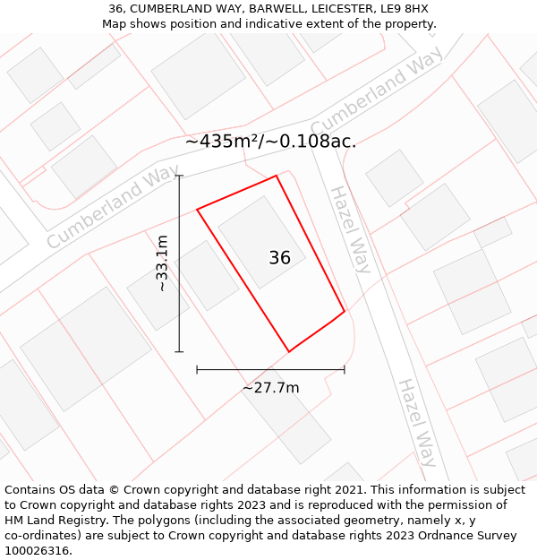 36, CUMBERLAND WAY, BARWELL, LEICESTER, LE9 8HX: Plot and title map