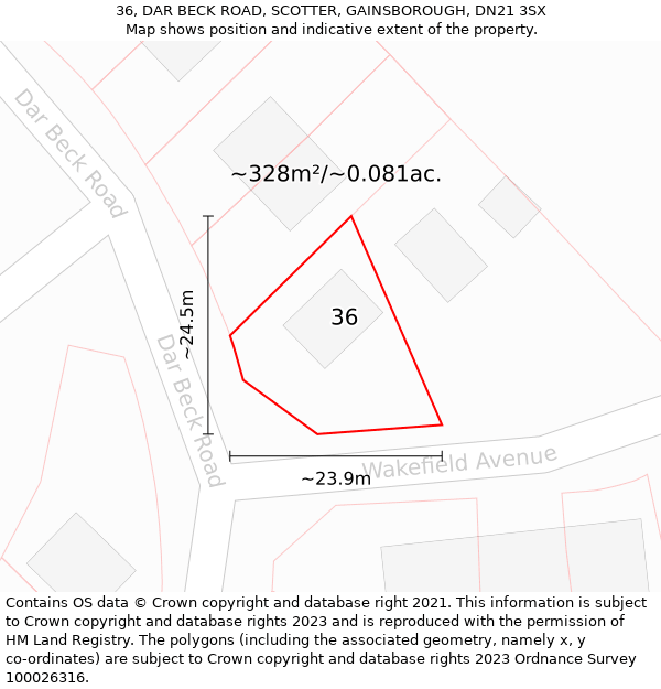 36, DAR BECK ROAD, SCOTTER, GAINSBOROUGH, DN21 3SX: Plot and title map