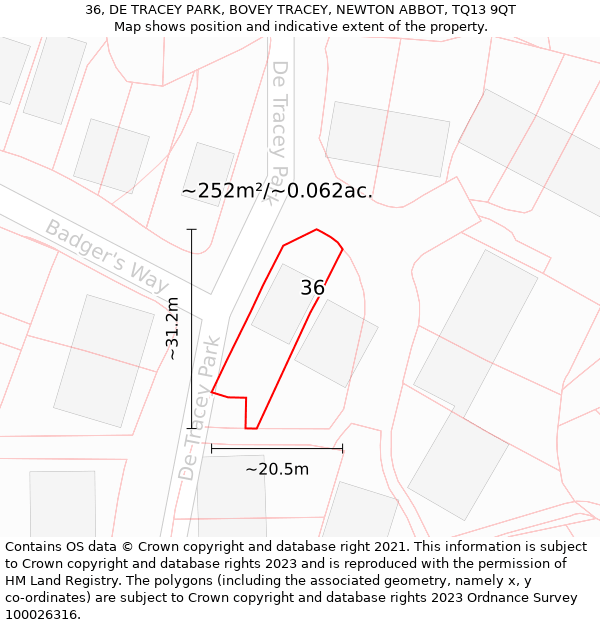 36, DE TRACEY PARK, BOVEY TRACEY, NEWTON ABBOT, TQ13 9QT: Plot and title map