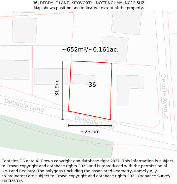 36, DEBDALE LANE, KEYWORTH, NOTTINGHAM, NG12 5HZ: Plot and title map