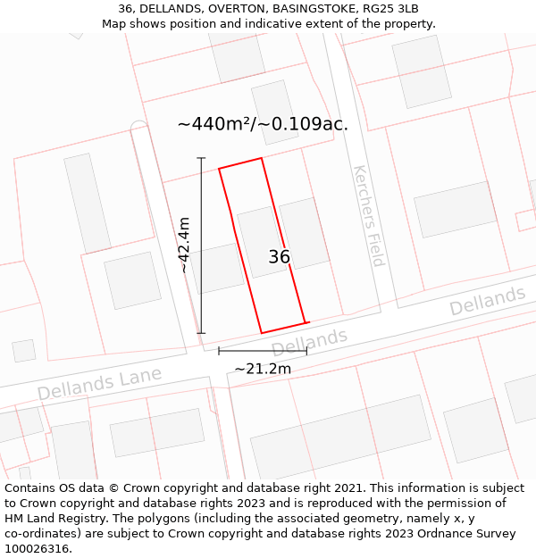 36, DELLANDS, OVERTON, BASINGSTOKE, RG25 3LB: Plot and title map