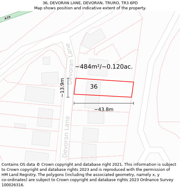 36, DEVORAN LANE, DEVORAN, TRURO, TR3 6PD: Plot and title map