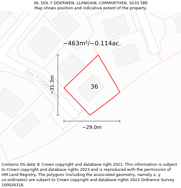 36, DOL Y DDERWEN, LLANGAIN, CARMARTHEN, SA33 5BE: Plot and title map