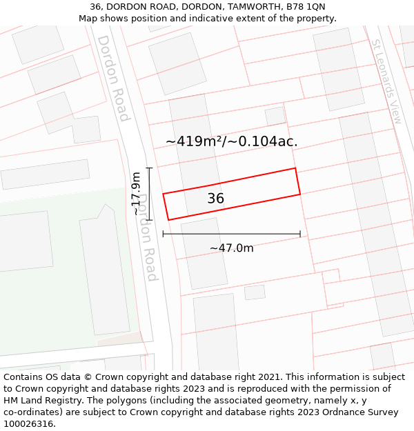 36, DORDON ROAD, DORDON, TAMWORTH, B78 1QN: Plot and title map