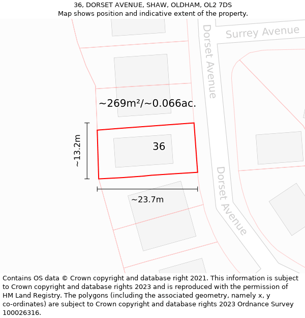 36, DORSET AVENUE, SHAW, OLDHAM, OL2 7DS: Plot and title map