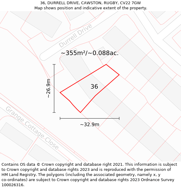 36, DURRELL DRIVE, CAWSTON, RUGBY, CV22 7GW: Plot and title map