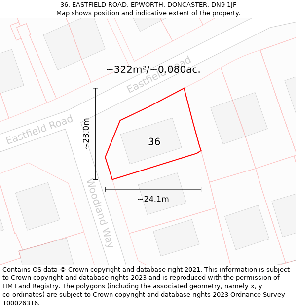 36, EASTFIELD ROAD, EPWORTH, DONCASTER, DN9 1JF: Plot and title map