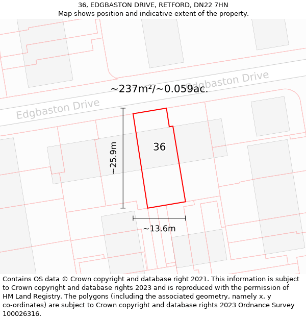 36, EDGBASTON DRIVE, RETFORD, DN22 7HN: Plot and title map