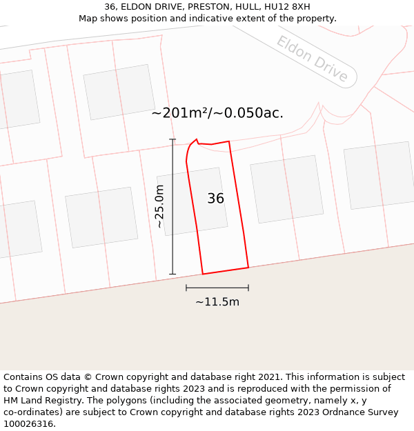 36, ELDON DRIVE, PRESTON, HULL, HU12 8XH: Plot and title map